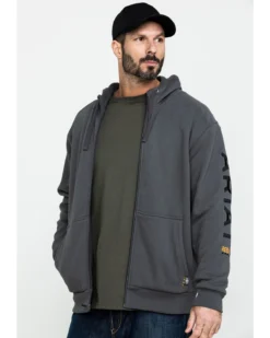 Ariat Men's Gray Rebar All-Weather Full Zip Work Hooded Sweatshirt