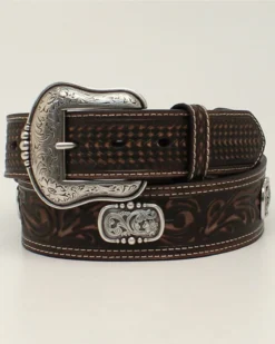 M & F Western Men's Tooled Basketweave Contrast Stitch Western Belt