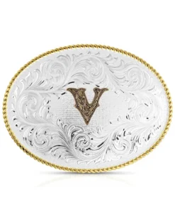 Montana Silversmiths Classic Western Oval Two-Tone Initial Belt Buckle - V