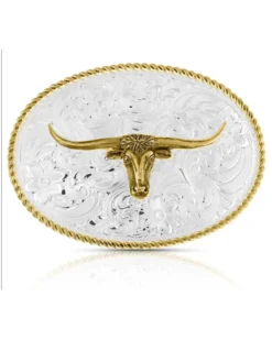 Montana Silversmiths Two-Tone Engraved Western Longhorn Belt Buckle